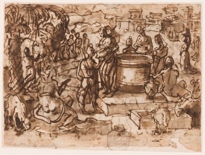 Seite eines Skizzenbuchs; Moses und die Töchter Jethros von Jan van der Straet, called Stradanus