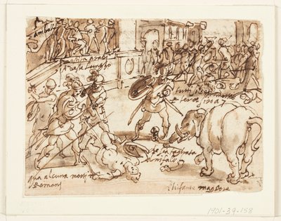 Recto: Ein römischer Soldat kämpft gegen einen von Hannibals Elefanten; Verso: Inschrift zu Plinius des Älteren Naturgeschichte, Buch 8, Kap. 7 von Jan van der Straet, called Stradanus