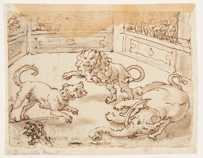 Alexander der Große beobachtet einen Kampf zwischen seinem Hund, einem Elefanten und einem Löwen von Jan van der Straet, called Stradanus