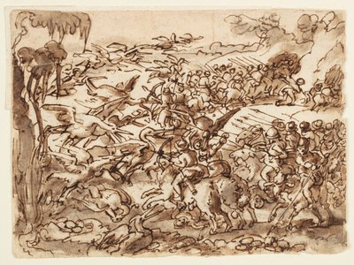Recto: Kampf zwischen Pygmäen und Kranichen; Verso: Inschrift zu Plinius des Älteren Naturgeschichte, Buch 7, Kap. 2 von Jan van der Straet, called Stradanus