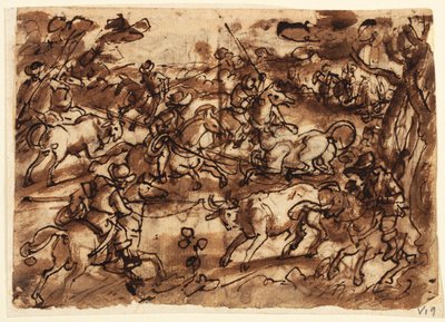 Recto: Stierjagd mit Lassos; Verso, oben: Bärenjagd durch Männer in Rüstung; Verso, unten: Affenjagd durch Täuschung; alle Vorentwürfe für die Venationes-Serie von Jan van der Straet, called Stradanus