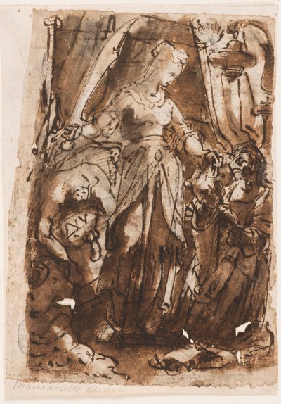 Recto: Judith mit dem Kopf des Holofernes; Verso, links: Judith mit dem Kopf des Holofernes; Verso, rechts: Vorentwurf für Titelseite der Druckserie Die sieben Tugenden von Jan van der Straet, called Stradanus