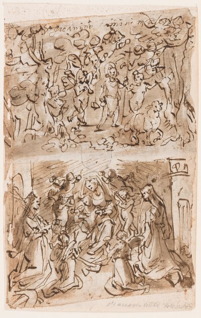 Recto, oben: Junger St. Johannes der Täufer von Engeln in der Wüste geführt; Recto, unten: Sacra Conversazione mit den Hl. Barbara und Katharina; Verso, oben: Kreuzigung; Verso, unten: Christus heilt Gelähmte am Teich Bethesda von Jan van der Straet, called Stradanus
