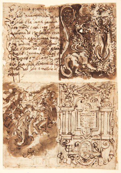 Recto, oben links: Passage über die Frau der Apokalypse, aus dem Buch der Offenbarung; Recto, oben rechts: Frau der Apokalypse; Recto, unten links: Frontispiz zur Druckserie über das Leben der Jungfrau; Recto, unten rechts: Krönung der Jungfrau von Jan van der Straet, called Stradanus