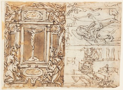 Skizzenbuchseite; Denkmal von Marcus Aurelius Antonius mit Sohn; Studie für einen Stich von Jan van der Straet, called Stradanus