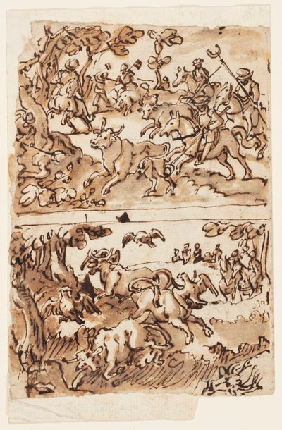 Skizzenbuchseite mit Stierjagden von Jan van der Straet, called Stradanus