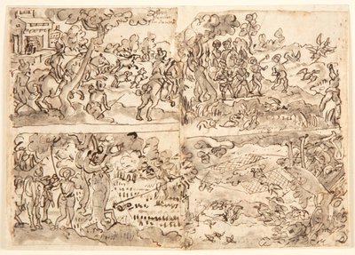 Skizzenbuchseite mit vier Jagdszenen von Jan van der Straet, called Stradanus