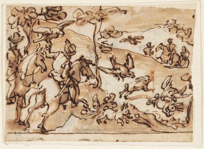 Skizzenbuchseite mit Hasenjagd und Falken von Jan van der Straet, called Stradanus