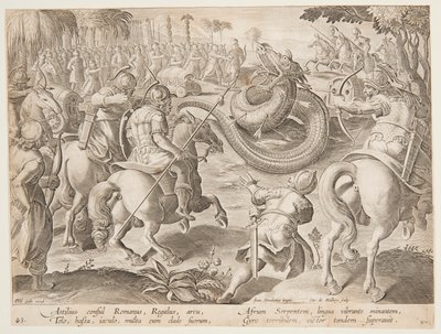 Der römische Konsul Attilius Regulus kämpft gegen eine riesige afrikanische Schlange, Platte 25 in der Venationes Ferarum Serie von Jan van der Straet, called Stradanus