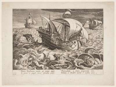 Drei Schiffe umgeben von Monstern von Jan van der Straet, called Stradanus