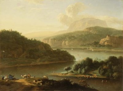 Eine Flusslandschaft mit Schäfer und Bäuerin im Vordergrund von Jan van der the Younger Meer