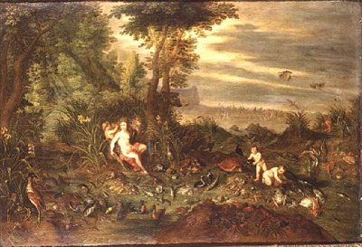 Eine Allegorie des Wassers: Eine Meeresnymphe an einem schilfigen Ufer mit Fischen, Muscheln und Vögeln in der Nähe, der Triumph von Amphitrite im Hintergrund von Jan van the Elder Kessel