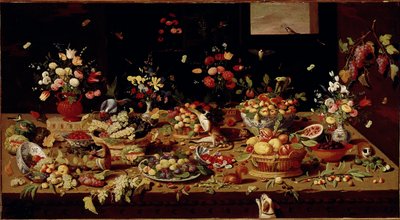 Stillleben mit Früchten und Blumen Tisch mit Feigen, Pflaumen, Granatäpfeln, Trauben, Pfirsichen. Kupfer Gemälde von Jan Van Kessel (1626-1679) Galleria Doria Pamphilj, Rom - Stillleben mit Blumen, Früchten und Tieren, von Jan Van Kessel (1626-79) von Jan van the Elder Kessel