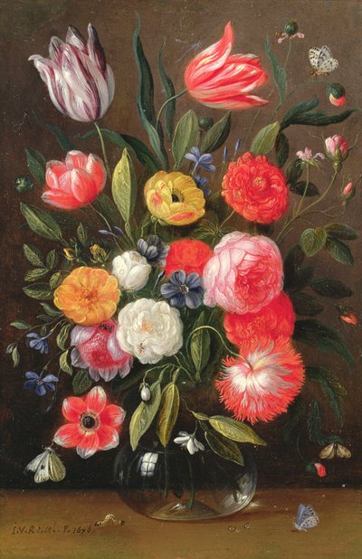 Tulpen, Rosen, Anemonen und andere Blumen in einer Glasvase mit Schmetterlingen und einer Raupe auf einem Sims von Jan van the Elder Kessel