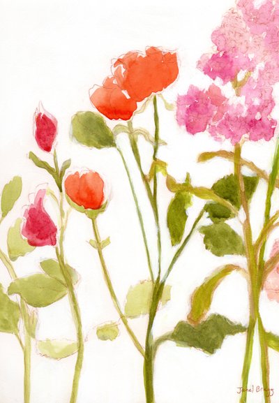 Blumen mit orangefarbenen und rosa Rosen, ca. 2024 von Janel Bragg
