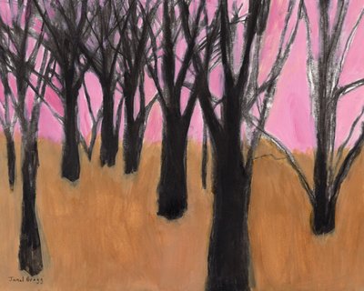 Landschaft mit schwarzen Bäumen und rosa Himmel, 2023 von Janel Bragg