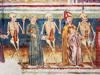 Hrastovlje Wehrkirche, Dreifaltigkeitskirche, Tod begleitet Bischof und Mönch, Totentanz (1490), Detail aus Fresken von Janez Iz Kastva, Slowenien von Janez Kastav
