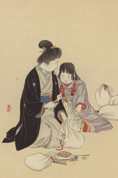 Eine Mutter und ihr Mädchen arrangieren Geschenke für die Front von Japanese School