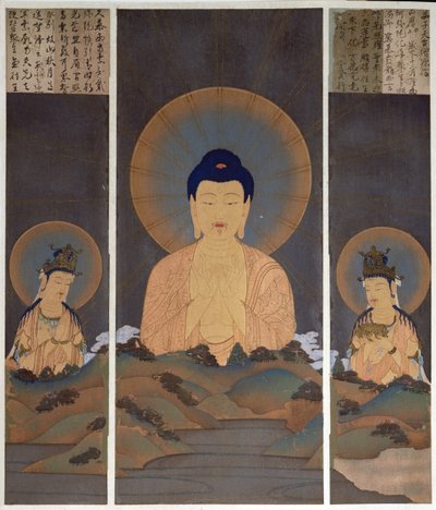Erscheinung der buddhistischen Dreifaltigkeit, Buddha Amitabha und seine zwei Bodhisattvas, Kannon (Mitgefühl) & Seishi (Weisheit) auf dem Berg, Illustration aus der Zeitschrift 