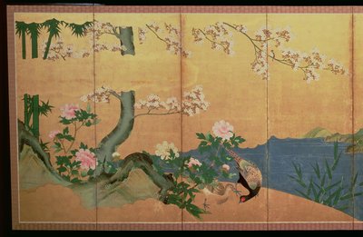 Reiher in einem Bach mit einer Insel aus Schwertlilien, Edo-Periode von Japanese School