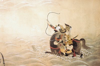 Episode des Genpei-Krieges (1180-1185): Ein Samurai mit Bogen auf einem Pferd überquert einen Fluss. Japanische Kunst der Tosa-Schule von Japanese School