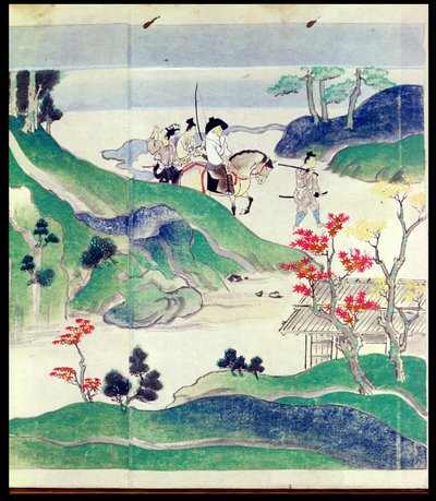 Ippen reitet mit seiner Eskorte, aus einer illustrierten Geschichte des Lebens des Mönchs Ippen (1239-89) von Japanese School