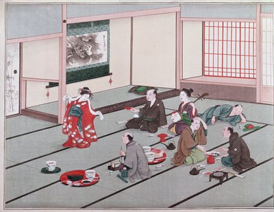 Japaner essen, trinken und werden im Teehaus unterhalten von Japanese School