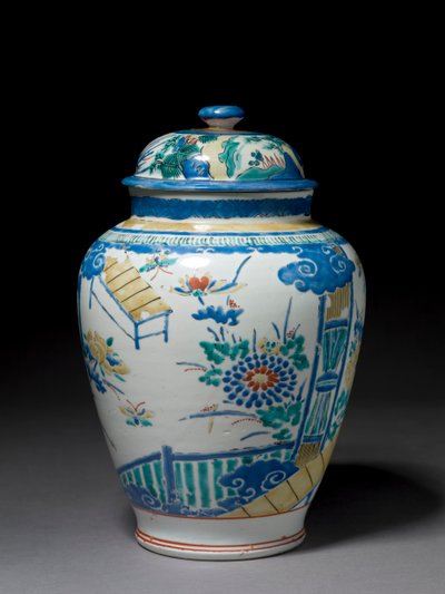 Krug mit zugehörigem Deckel, ca. 1660-80 (Porzellan mit Überglasur Emaille) von Japanese School