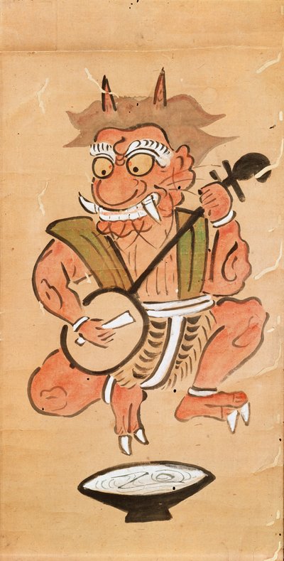 Kakemono, das einen Teufel zeigt, der Shamisen spielt von Japanese School