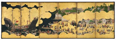 Nanban-Sechsfaltiger Bildschirm, der die Ankunft eines portugiesischen Handelsschiffs darstellt, Edo-Periode von Japanese School