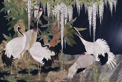 Stickerei mit Kranichen, Palmfarnen und Glyzinien von Japanese School