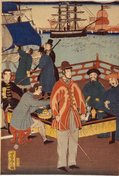 Ein Druck des Triptychons zeigt europäische Kaufleute, die mit Japanern Erfrischungen zu sich nehmen. Im Hintergrund sind Schiffe im Hafen von Yokohama, Japan. von Japanese School
