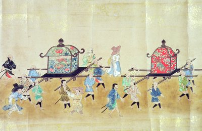 Teil der sechsten koreanischen Gesandtschaft nach Japan zur Zeit der Nachfolge von Tokugawa Ietsuna im Jahr 1651, möglicherweise von Kano Masunobu (1625-94) 1655-57 (Rollbild) von Japanese School