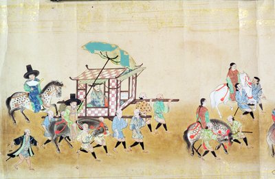 Teil der sechsten koreanischen Gesandtschaft nach Japan zur Zeit der Nachfolge von Tokugawa Ietsuna im Jahr 1651, möglicherweise von Kano Masunobu (1625-94) 1655-57 (Rollbild) von Japanese School