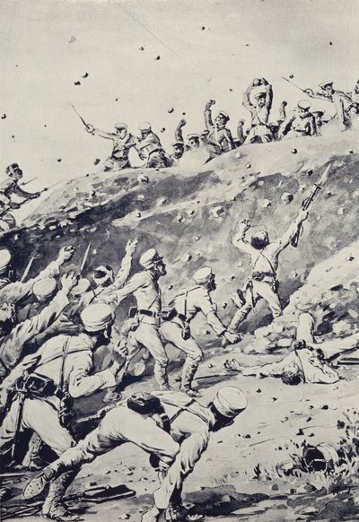 Russische Soldaten werfen Steine von einer Position auf dem To-shan von Japanese School