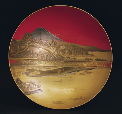 Sake-Becher, Landschaft mit Booten und einer Brücke unter dem Berg Fuji darstellend, 19. Jahrhundert von Japanese School