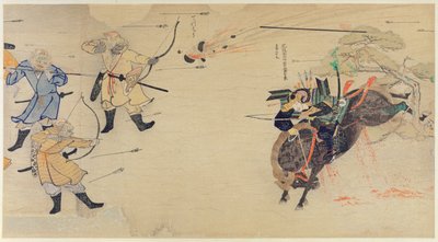 Samurai Takezaki greift mongolische Invasoren an, während Granaten über ihm explodieren, während der mongolischen Invasionen Japans 1274, Illustration aus Kokka Magazin, Mai 1921 von Japanese School