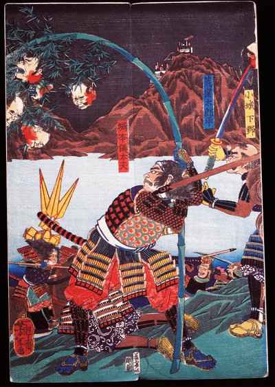 Samurai zeigen die abgeschlagenen Köpfe ihrer Feinde auf Bambusstangen, Sewamono (häusliches Spiel) von Japanese School