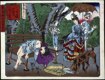 Szene im Uéno-Park in Japan: Ein Kinderkurier schläft auf einer Bank und wird von einem Hund bestohlen - Japanischer Druck von Japanese School
