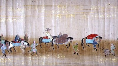 Sechste koreanische Gesandtschaft nach Japan in Meireki 1 zur Zeit der Nachfolge von Tokugawa Ietsuna im Jahr 1651, möglicherweise von Kano Masunobu (1625-94) (Detail) von Japanese School