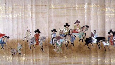 Sechste koreanische Gesandtschaft nach Japan in Meireki 1 zur Zeit der Nachfolge von Tokugawa Ietsuna im Jahr 1651, möglicherweise von Kano Masunobu (1625-94) (Detail) von Japanese School
