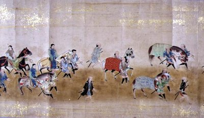 Sechste koreanische Gesandtschaft nach Japan in Meireki 1 zur Zeit der Nachfolge von Tokugawa Ietsuna im Jahr 1651, möglicherweise von Kano Masunobu (1625-94) (Rollbild) (Detail) von Japanese School