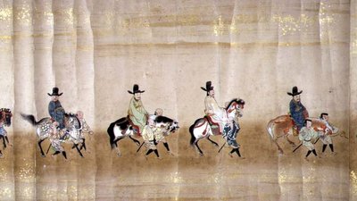 Sechste koreanische Gesandtschaft nach Japan in Meireki 1 zur Zeit der Nachfolge von Tokugawa Ietsuna im Jahr 1651, möglicherweise von Kano Masunobu (Detail) von Japanese School