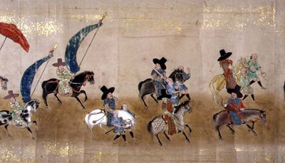 Sechste koreanische Botschaft nach Japan in Meireki 1 zur Zeit der Nachfolge von Tokugawa Ietsuna im Jahr 1651, möglicherweise von Kano Masunobu (1625-94) (Detail) von Japanese School