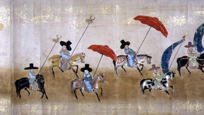 Sechste koreanische Botschaft nach Japan in Meireki 1 zur Zeit der Nachfolge von Tokugawa Ietsuna im Jahr 1651, möglicherweise von Kano Masunobu (1625-94) (Detail) von Japanese School
