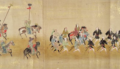 Sechste koreanische Gesandtschaft nach Japan in Meireki 1 zur Zeit der Nachfolge von Tokugawa Ietsuna im Jahr 1651, möglicherweise von Kano Masunobu (1625-94) (Rollbild) (Detail) von Japanese School