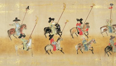 Sechste koreanische Gesandtschaft nach Japan in Meireki 1 zur Zeit der Nachfolge von Tokugawa Ietsuna im Jahr 1651, möglicherweise von Kano Masunobu (1625-94) (Rollbild) (Detail) von Japanese School