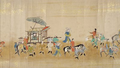 Sechste koreanische Gesandtschaft nach Japan in Meireki 1 zur Zeit der Nachfolge von Tokugawa Ietsuna im Jahr 1651, möglicherweise von Kano Masunobu (1625-94) (Rollbild) (Detail) von Japanese School