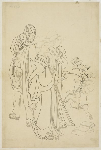 Zwei Geishas spazieren mit einem Dandy und Lehrling von Japanese School