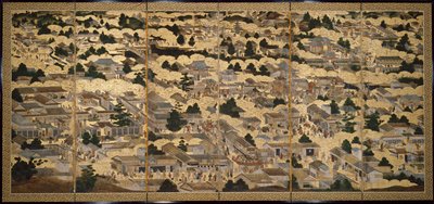 Ansichten in und um Kyoto (Rakuchu rakugai zu), ca. 1616-24 (Tinte, Farbe & Goldblatt auf Papier) von Japanese School